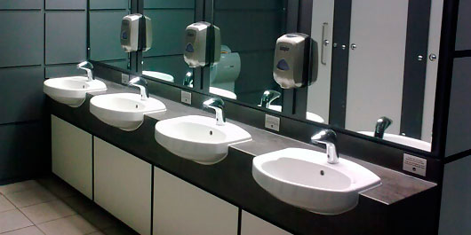 A row of sinks and driers at Bristol International Airport