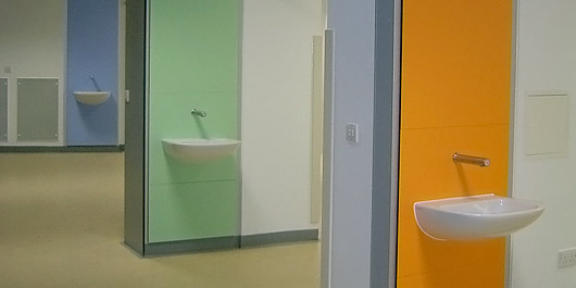 Colourful wall panels in Southampton General Hospital
